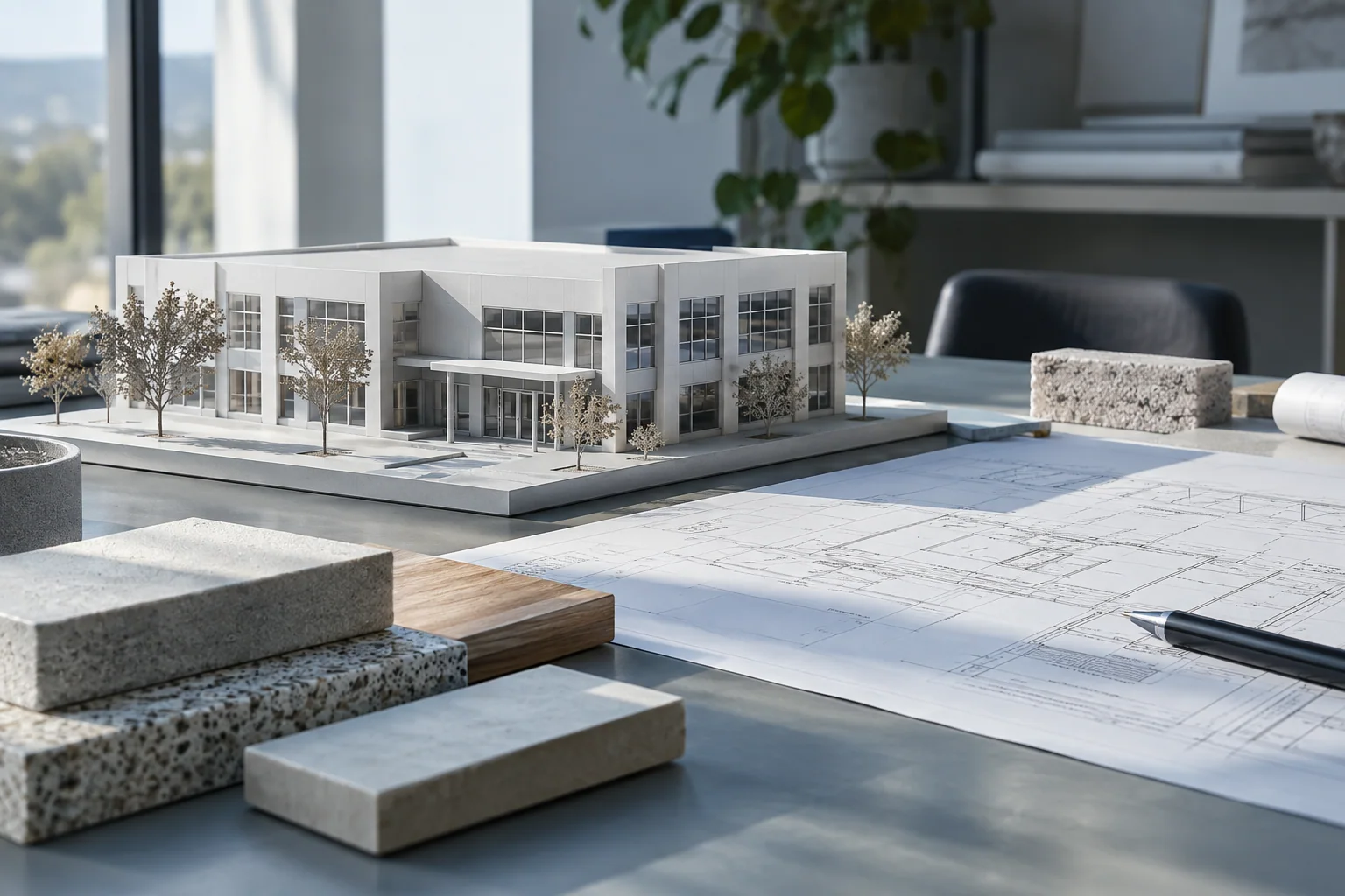 Illustrative white office model on a blue-grey planning desk