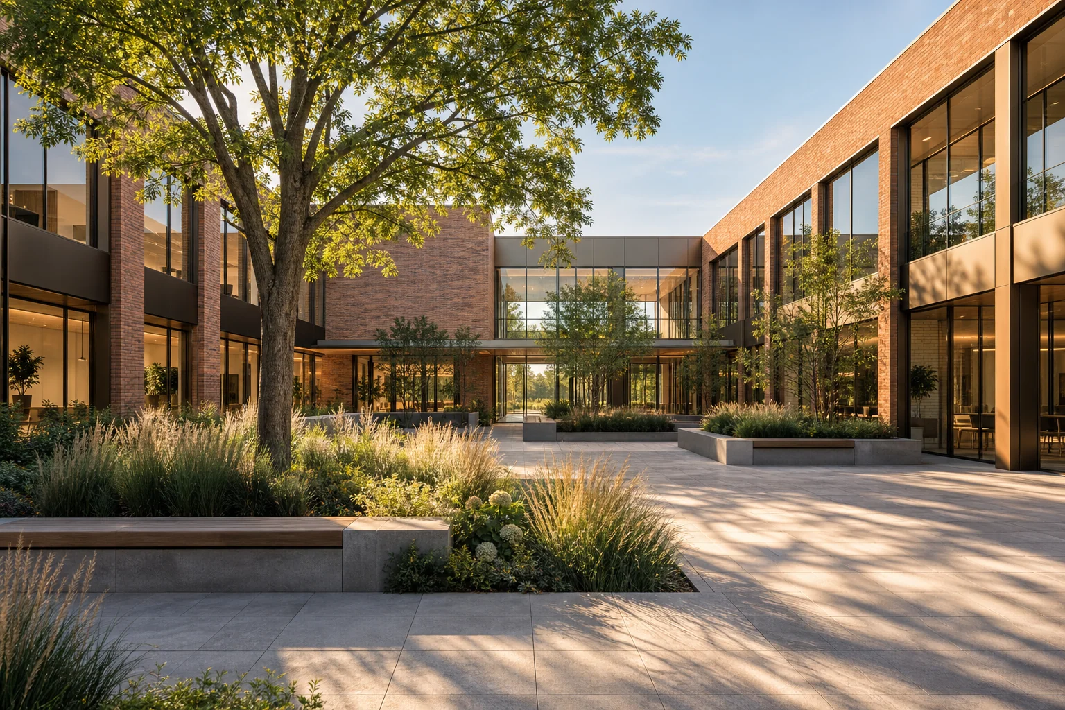 Illustrative landscaped brick and glass business courtyard